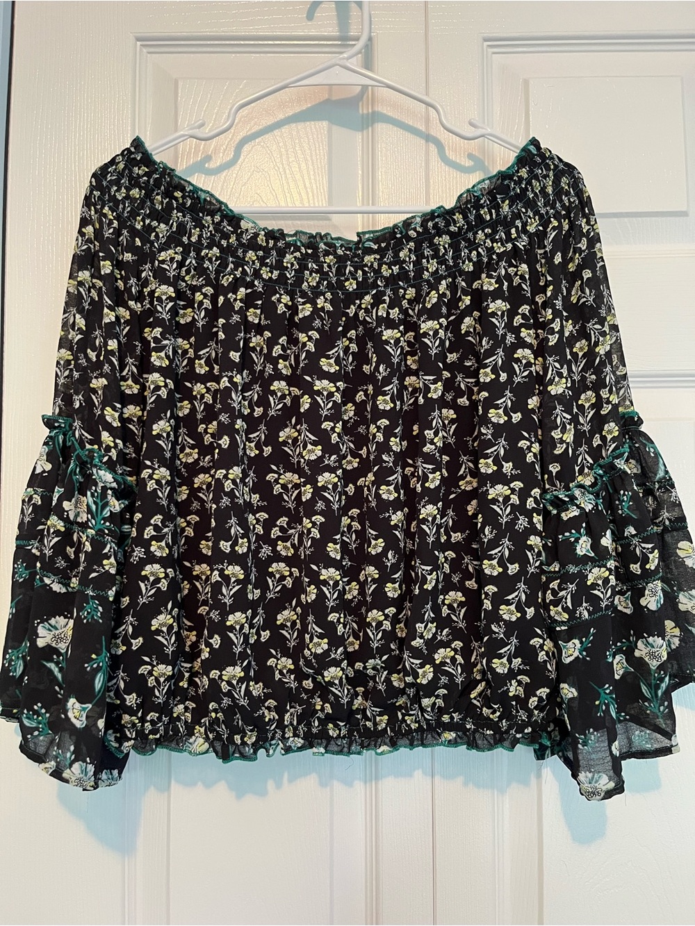 Free People Black Floral Off-Shoulder Peasant Top